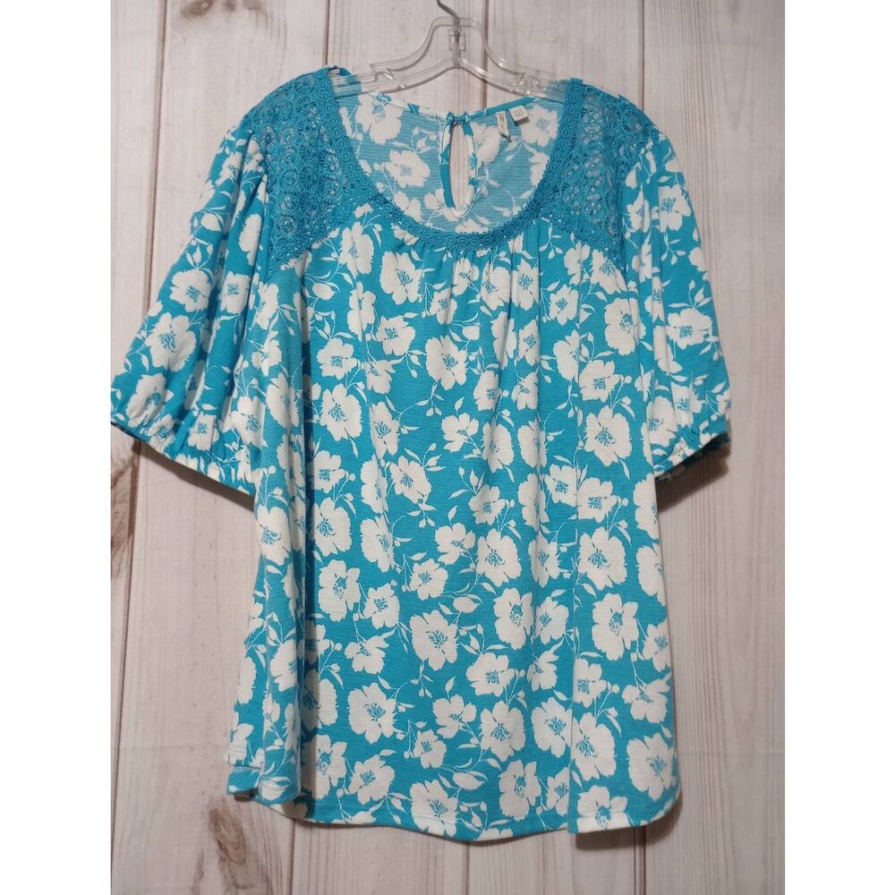 Cato Womens 22/24 Turquoise‎ Floral Lace Crochet Shoulder Puff Sleeve Blouse Top
